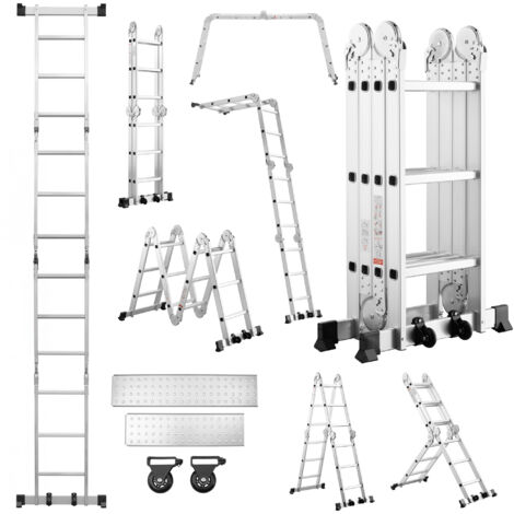 TEENO 3,6 m Échelle Multifonction 7 en 1, 4 x 3 Marches Échelle Transformable 20 échelons, Échelle Pliante en Aluminium avec 2 Plateformes, Pieds en Caoutchouc, 2 Roues Amovibles, Charge 150 kg, Argen