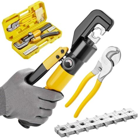 TEENO Pince à sertir hydraulique 10T et coupe-câble, Kit avec 9 matrices, 12 à 2/0 AWG, Pince à sertir manuelle pour bornes électriques et fils