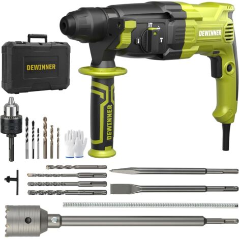DEWINNER 220V Marteau Perforateur 1100W 3.4 J, Marteau Perforateur 0-1500RPM/5500BPM avec 4 Fonctions et Embrayage de Sécurité, 20 Accessoires, Vitesse Variable, Béton, Acier, Bois