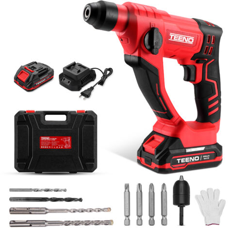 Teeno – Marteau perforateur sans fil 20V – 2 batteries 2.0Ah – Force de frappe 1.2J – Capacité de perçage béton 14mm – Moteur performant