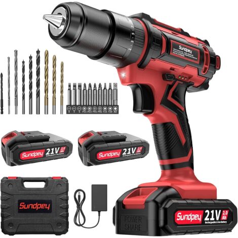 Sundpey Perceuse Visseuse Sans Fil - 21V Visseuse Devisseuse Sans Fil avec 2 Batteries 2,0Ah, 45Nm Perceuse Percussion, 25+3 Réglages de Couple, 2 Vitesses, 1600rpm Max, LED Light, pour la Bricolage (1/5)