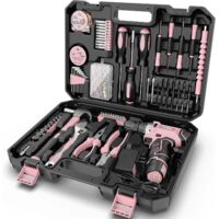 Sundpey Caisse a Outil 206 Pcs, Visseuse Devisseuse Sans Fil 12V pour Serrer/Desserrer des vis, Malette Outils avec Perceuse-Visseuse pour Bureau, Réparation à Domicile avec Tournevis et Pinces Rose