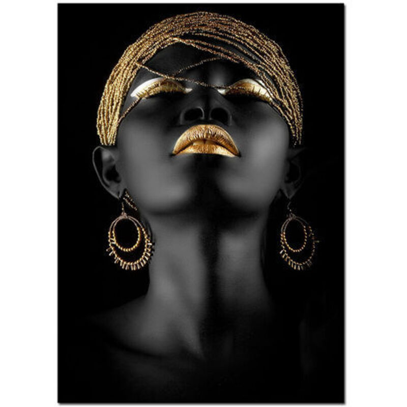 XIANGPEIFBH Femme Africaine Noire Peinture sur Toile Maquillage doré Portrait Affiches et Impressions Photos murales scandinaves décor à la Maison 80x120 cm Cadre intérieur