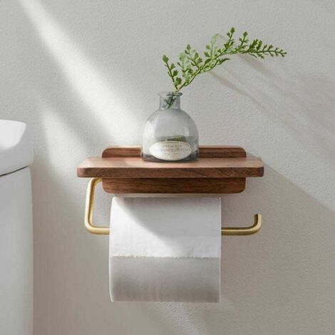 Porte-rouleau de papier toilette porte-serviettes en papier toilette mural sans poinçon boîte de papier toilette téléphone portable porte-papier toilette support bois (1/5)