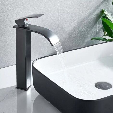 Robinet Salle de Bain Design Moderne de Cascade Robinet Lavabo Noir Durable Supérieure Eau Chaude et Froide Réglable (1/5)