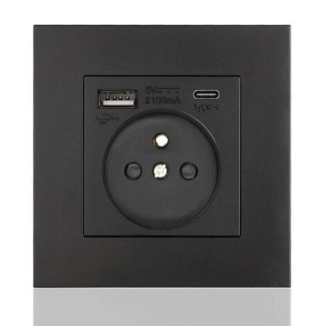 Panneau de prises françaises Type-c+USB16A Type 86, nombre de prises : 2 trous, nombre de ports USB : 1, nombre de ports type-c : 1, sûr et ferme(carré noir) (1/4)