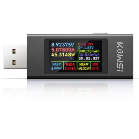 Testeur USB A 4-30V 0-12A, Multimètre Numérique Voltmètre Ampèremètre, Détecteur de Chargeur et de Câble USB, Wattmètre pour Batterie et Téléphone (KWS-MX23)
