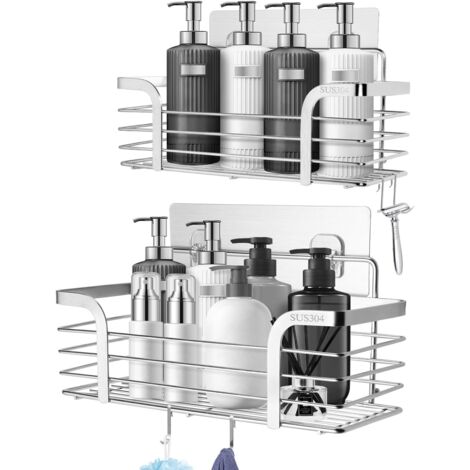Etagère de Douche sans Perçage Pack de 2, Organisateur de Salle de Bain en Acier Inoxydable SUS304 avec 4 Crochets, Support de Shampoing Organisateur de Douche pour la Salle de Bain (1/5)