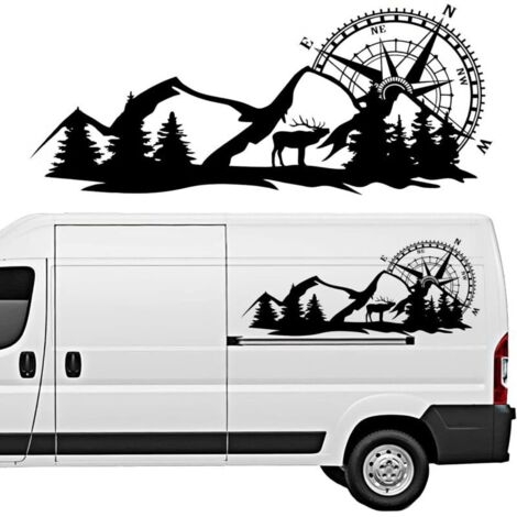 1 Paire Stickers Camping Car, Autocollant De Carrosserie Latérale De Voiture Avec Des Motifs De Montagne, De Boussole Et De Cerf Pvc Noir Autocollant Autocollant De Carrosserie Autocollant (1/5)