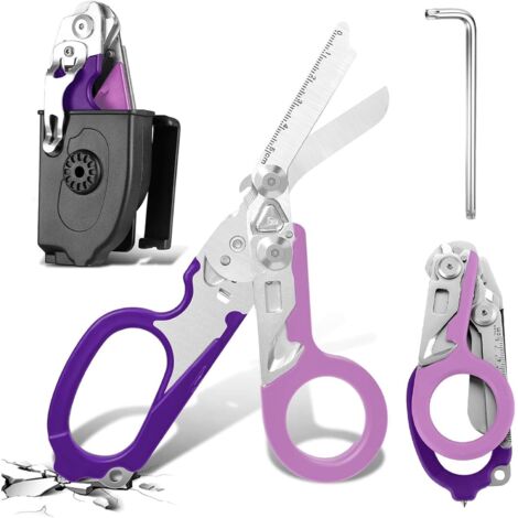Trauma Ciseaux de sauvetage 6 en 1 pliables Trauma Ciseaux d'urgence, ciseaux à pansements avec coque K, clé pour services d'urgence professionnels, camping en plein air (double violet) (1/5)