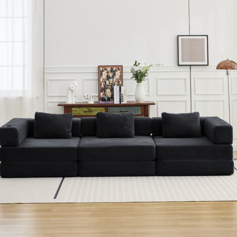 Canapé-lit convertible 300 cm velours côtelé – 2 porte-gobelets, 3 coussins,Noir (1/5)