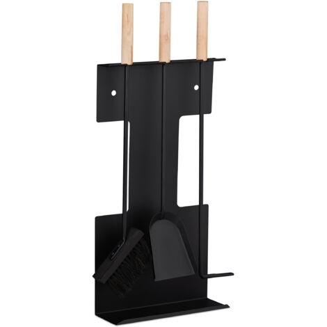 Relaxdays – Serviteur de cheminée 4 pièces en acier noir – Accessoires avec poignées en bois naturel – Design moderne et linéaire