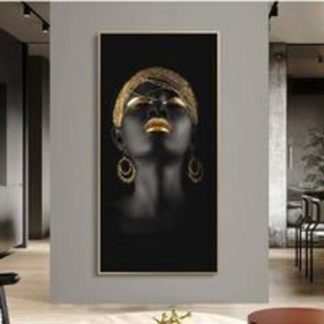 Modèle de Maquillage Moderne Or et Noir Femme Africaine peintures sur Toile Fille Mode Affiche Impressions pour la décoration