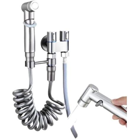 Ensemble de pulvérisation de robinet mural Fresh pour salle de bain, compagnon de toilette, pulvérisateur de bidet à main pour toilettes, vanne de contrôle double 1 entrée 2 sorties (Argenté) (1/5)