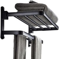 1 Pack Matte Black Towel Rack Wall Mounted No Drill and Screw Mounting, Bathroom Bath Shower Length 50cm Double Towel Rod with Shelf Hotel Towel Rack