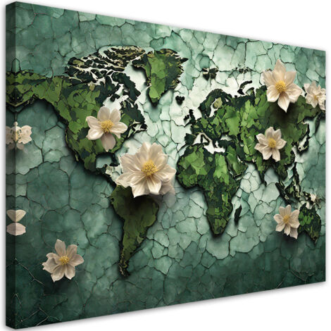 Tableau déco Fleurs Carte du Monde Vert 90x60 (1/5)