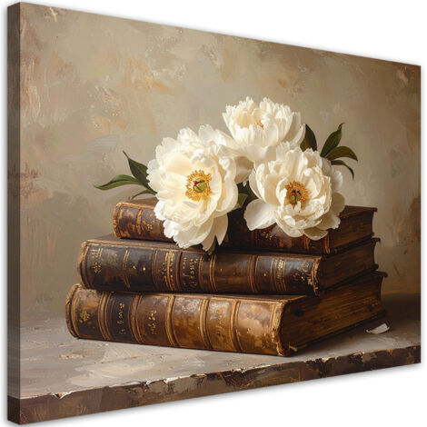 Tableau déco Fleurs de pivoines livres vintage 60x40 (1/4)