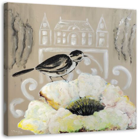Tableau déco Fleurs oiseau pastel beige 40x40 (1/5)