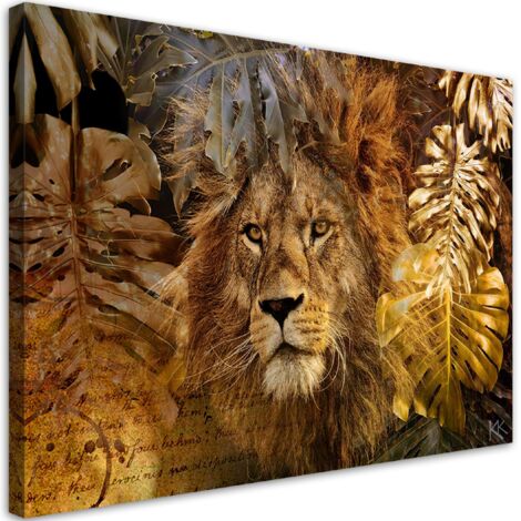 Image sur toile, Lion et feuilles de Monstera dorées - 60x40 (1/5)