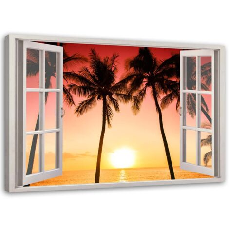 Tableau sur toile Fenêtre Vue Palmiers Coucher de soleil 100x70 (1/5)