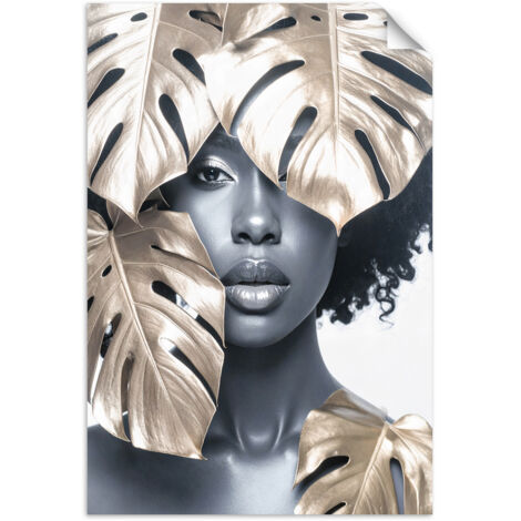 Poster autocollant Portrait d'une femme et feuilles de monstera dorées 60x90 (1/3)