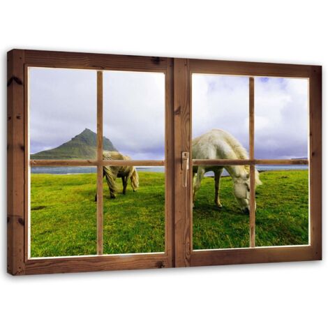 Tableau sur toile Vue de la fenêtre Champ de chevaux 100x70 (1/5)