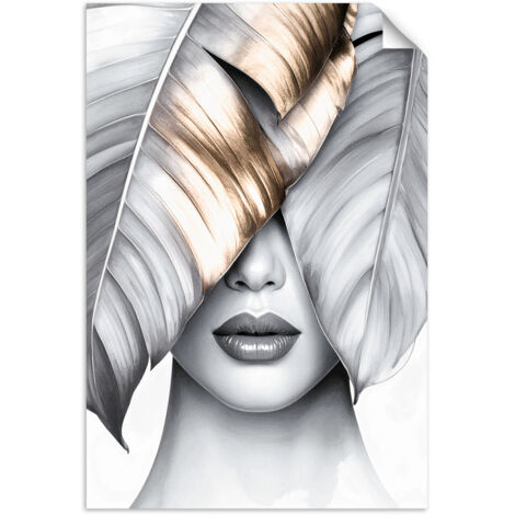 Poster autocollant Femme et feuilles de bananier argentées et dorées 40x60 (1/3)