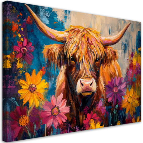 Tableau déco Vache écossaise fleurs peintes 60x40 (1/5)