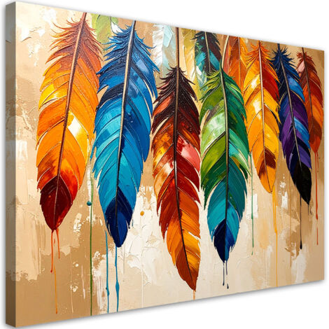 Tableau déco Plumes colorées effet peinture beige 100x70 (1/4)