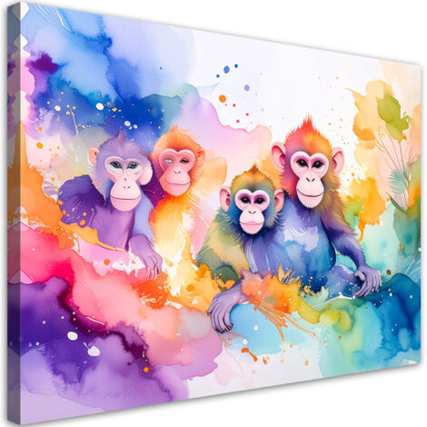 Tableau déco Singes colorés dans la jungle Aquarelle 100x70 (1/4)
