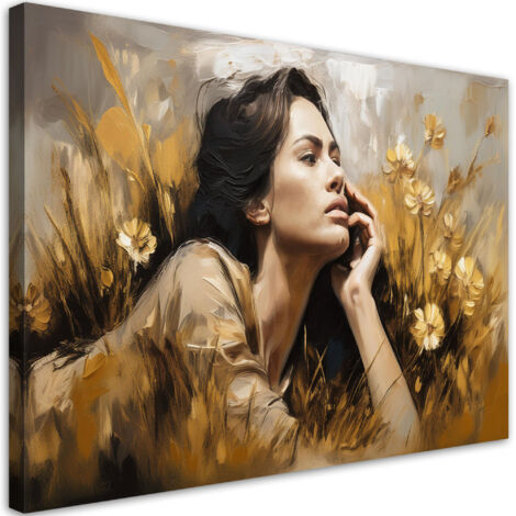 Tableau déco Femme allongée dans un pré Fleurs Or 100x70 (1/5)