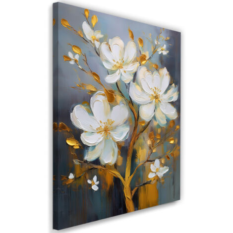 Tableau déco Fleurs peintes en blanc sur fond d'or 40x60 (1/5)