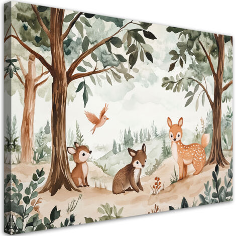 Tableau déco Faon Oiseau Animaux de la forêt Beige 60x40 (1/5)