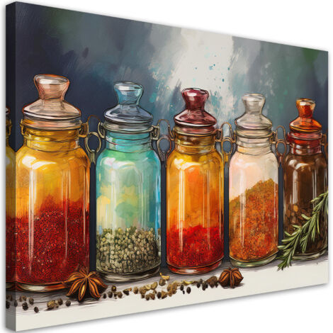 Tableau déco Épices et herbes en bouteilles 100x70 (1/5)