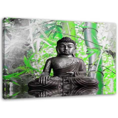 Tableau sur toile Bouddha avec feuilles vertes 60x40 (1/5)