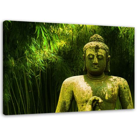 Tableau sur toile FLAT Bouddha Feuilles de bambou vertes 60x40 (1/5)