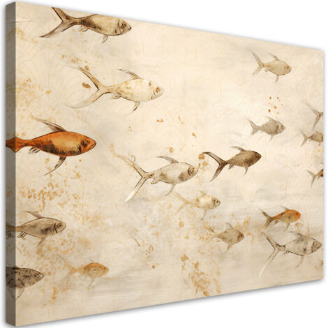 Tableau sur toile boho pour salle de bain spa - Poissons sur fond beige 100x70 (1/5)