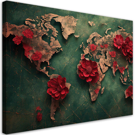 Tableau déco Carte du monde fleurs roses 90x60 (1/5)