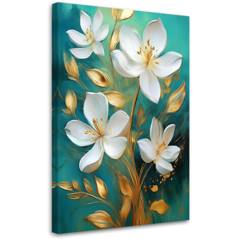 Tableau déco Fleurs blanches peintes sur fond turquoise 40x60 (1/5)