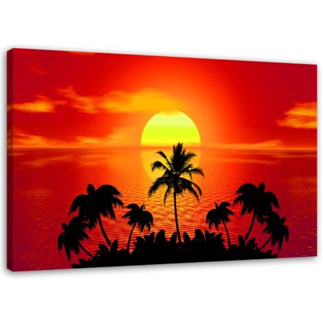 Tableau sur toile PALM SEA rouge coucher de soleil 60x40 (1/5)