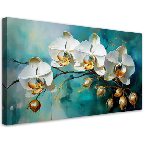 Tableau déco Orchidées blanches sur fond turquoise 80x40 (1/5)