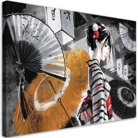 Tableau déco Geisha avec un fan 90x60