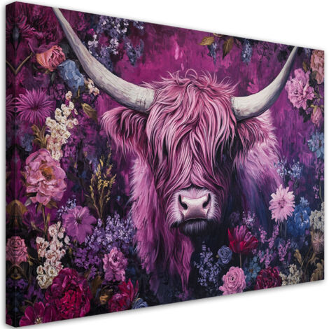 Tableau déco Vache écossaise abstraction fleurs 90x60 (1/5)