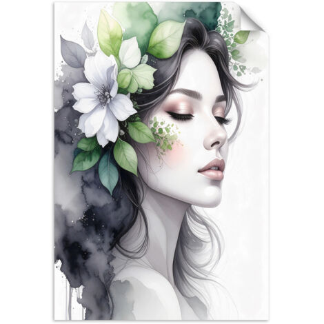 Autocollant mural Femme avec des fleurs vertes sur la tête 30x45 (1/3)