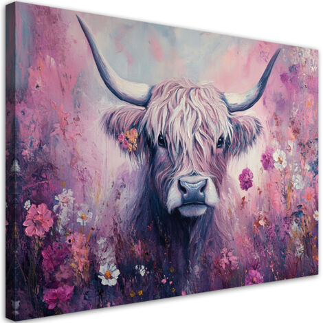 Tableau déco Vache écossaise abstraite fleurs roses 100x70 (1/5)