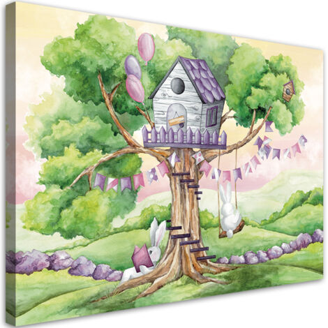 Tableau sur toile Hut lapins blancs sur l'arbre 60x40 (1/5)