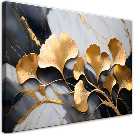 Tableau déco Ginko Botanique Fleurs Marbre Gris Or 90x60 (1/5)