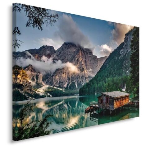 Tableau sur toile Montagnes Maison Lac Nature 90x60 (1/5)