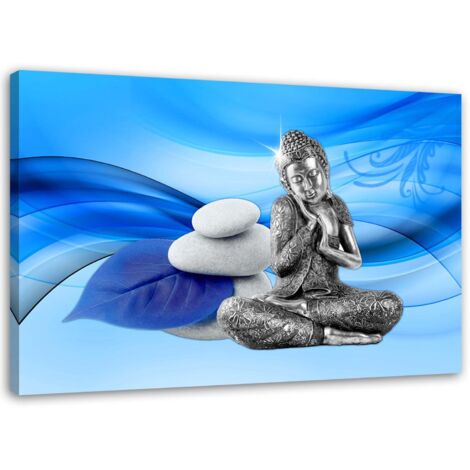 Tableau sur toile Bouddha Pierre fond bleu 60x40 (1/5)