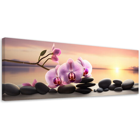 Tableau sur toile Orchidée rose et pierres zen 90x30